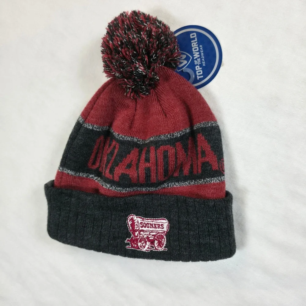 Top of the World Oklahoma Sooners Beanie Hat Knit Pom Cuffed Red Grey NWT